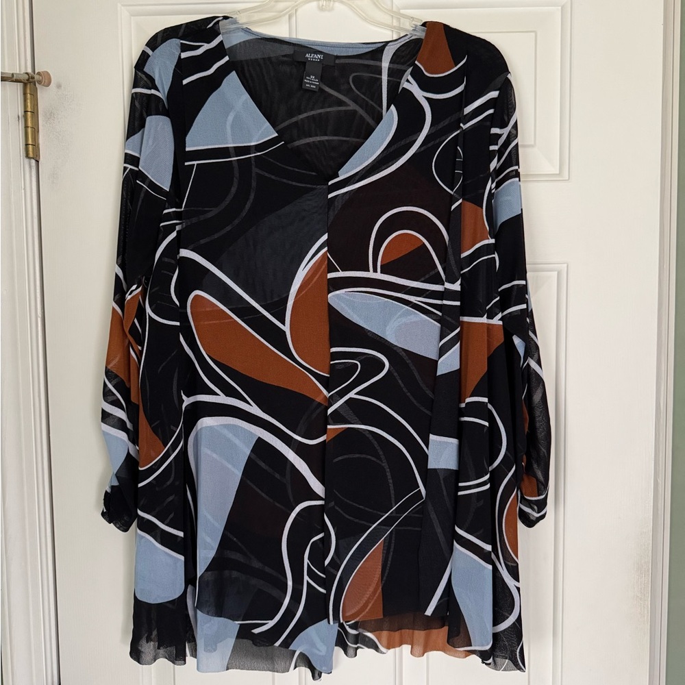 Alfani Women's Abstract Black, Blue, and Brown Blouse